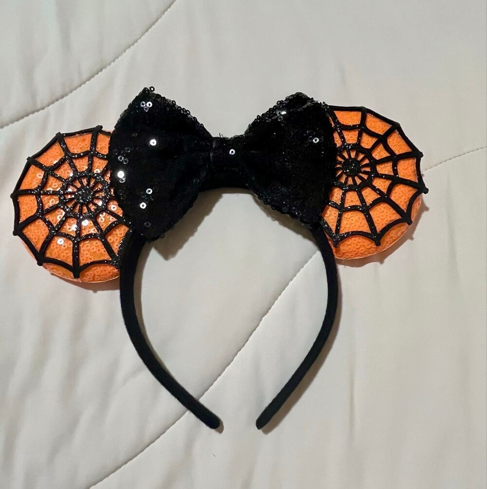 Disney Park Minnie Mouse Ears Headband Orange Sequin Spiderweb Halloween